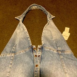 Denim dress. Collared halter, button down, has pockets!